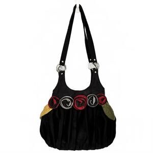 Concubine Handmade Black Velvet Shoulder Bag with Satin Floral Accents